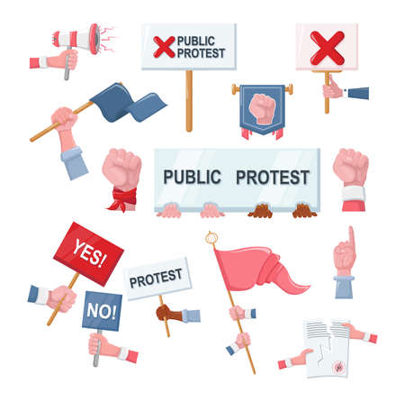 Protesters holding posters, placards, banners, flags. Manifestation with protest, calls to fight. Activist speech with megaphone. cartoon vector illustrationのイラスト素材