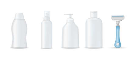 Feminine hygiene products, feminine hygiene items for woman, critical menstruation days. Shower gel, specialized oil, antibacterial spray, napkins with herbal, extracts, machine for shaving vectorのイラスト素材
