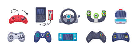 game console objects set. Gamepad, playing joystick, video console, joy video games gadgets, wireless gamepad steering wheel. Devices for gamers, game lovers cartoon vectorのイラスト素材