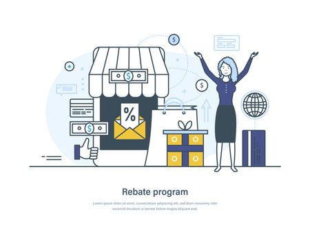Rebate program retail sales strategy, e-commerce business concept. Cashback service, reward, sales promotion advertising campaign web page, banner, presentation thin line design of vector doodlesのイラスト素材