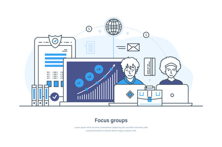 Focus groups, public opinion polling and social research. Market research marketing campaign, targeting strategy, customer satisfaction, feedback web banner thin line design of vector doodlesのイラスト素材