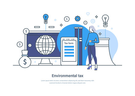 Environmental tax for nature pollution, fight against climate change. Carbon taxes for nature pollution, solution of ecological issues web page, banner, presentation thin line design of vector doodlesのイラスト素材