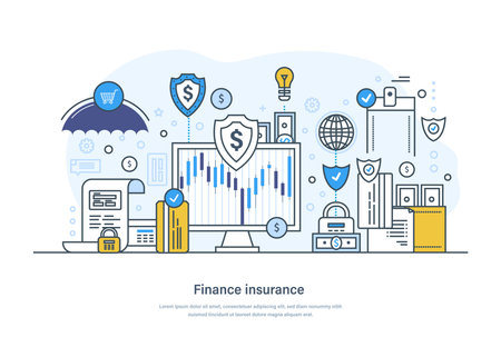 Financial insurance banking and finance services business concept. Money protection guarantee, savings insurance. Commercial and financial loss protection strategy thin line design of vector doodlesのイラスト素材
