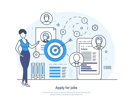 Apply for jobs, HR manager choosing best candidate. Job searching process, hiring management. Staff recruitment, work position sourcing thin line design of vector doodlesのイラスト素材