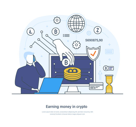 Businessman earning money in crypto wallet, e-business concept. Virtual money, digital currency storage and exchange, money transfer technology thin line design of vector doodlesのイラスト素材