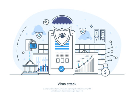Virus attack industrial cybersecurity, data mining and protection. Antivirus software, data protection and cyber security digital protection system, privacy program thin line design of vector doodlesのイラスト素材