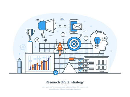 Research digital strategy business concept for banner and website. Digital marketing strategy, media planning, service, analytics, financial analysis and statistics thin line design of vector doodlesのイラスト素材