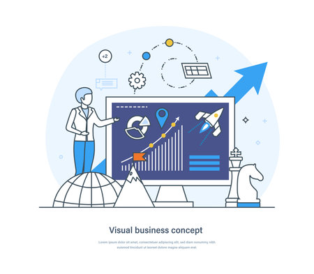 Visual business concept data visualization process, statistics analysis. Business character analyzing, modeling data, interacting with charts and visualization thin line design of vector doodlesのイラスト素材