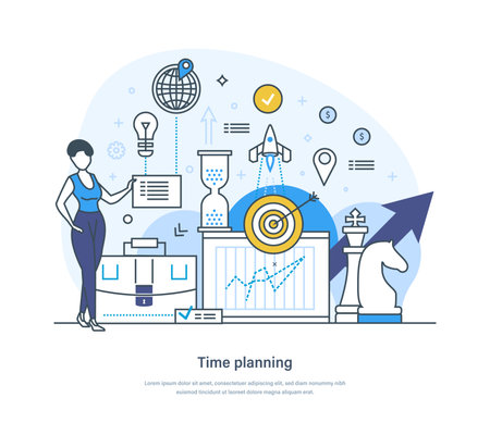 Time planning, schedule and workflow organization business concept. Efficient time management, strategy and productivity for business plan implementation thin line design of vector doodlesのイラスト素材