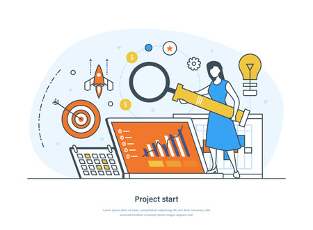 Project start business process from idea to realization. Planning, strategy, marketing, finance. Development and launch of new innovation product thin line design of vector doodlesのイラスト素材