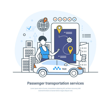 Passenger transportation service for urban and intercity transportation. Public transport hire, order service mobile application. Online ordering taxi car thin line design of vector doodlesのイラスト素材