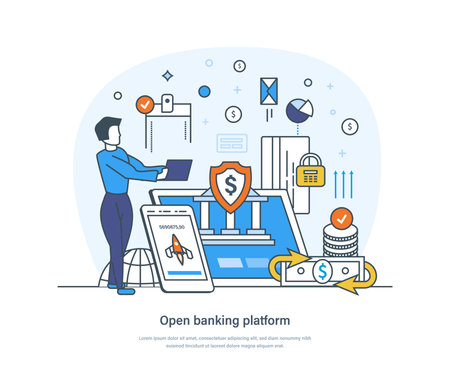 Open banking platform online payment protection system concept. Secure bank transaction, financial digital transformation, enterprise accounting, e-invoicing thin line design of vector doodlesのイラスト素材