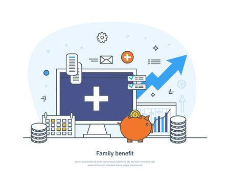 Family benefit social security program and support concept. Family tax benefit, pension scheme, parental allowance, help with raising children, insurance thin line design of vector doodlesのイラスト素材