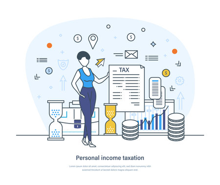 Personal income taxation, taxes and fees paying concept. Finance accounting, obligatory payments calculating, tax credits. Financial income and expenses thin line design of vector doodlesのイラスト素材
