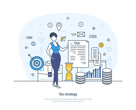 Tax strategy optimizing way of business income and personal spending process. Plan of action for reducing taxes. Business analysis, financial management thin line design of vector doodlesのイラスト素材