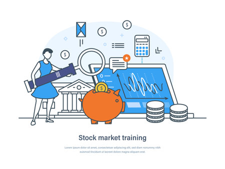 Stock market training trading course, online learning concept. Professional training about world of commerce, analyzing stock exchange thin line design of vector doodlesのイラスト素材