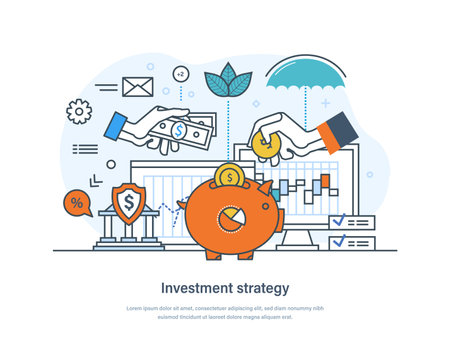 Investment strategy principles, processes to achieve financial and investment goals. Profitable investment strategy, funding, financial consulting thin line design of vector doodlesのイラスト素材