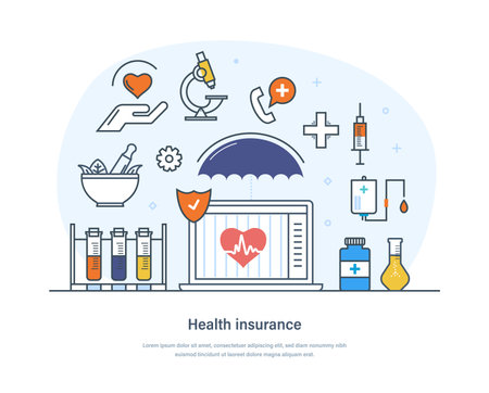 Health insurance, medical assistance, professional service, support and emergency help. Medical clinic consultation, treatment. Online healthcare and telemedicine thin line design of vector doodlesのイラスト素材