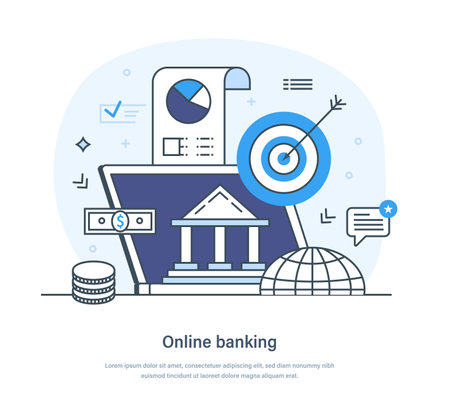 Online banking digital technology, internet payment security transaction. Electronic funds and bank wire transfers, internet purchasing financial instrument thin line design of vector doodlesのイラスト素材