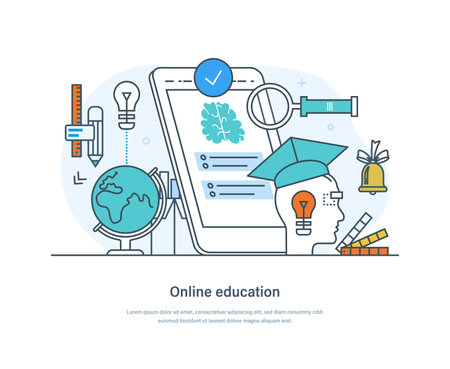 Online education, distance learning, courses, e-learning and tutorials. Online training course, staff training, specialization landing page template thin line design of vector doodlesのイラスト素材