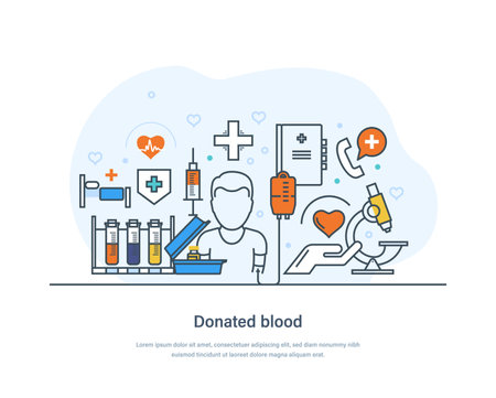 Donated blood, lifesaving and hospital assistance web banner. Blood donation, health care landing page. World Blood Donor Day thin line design of vector doodlesのイラスト素材