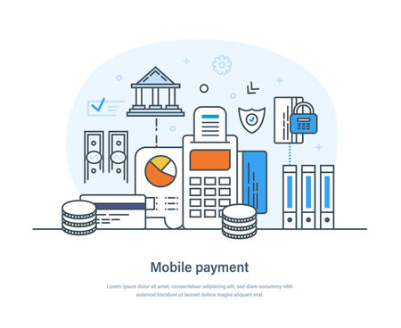 Mobile payment, banking, finance and e-payments via electronic wallet. Online shopping, NFC payment, security transactions via credit card thin line design of vector doodlesのイラスト素材