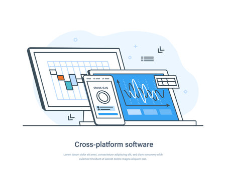 Cross platform software operating system and web development. Global network connection, data storage,computing, application development thin line design of vector doodlesのイラスト素材