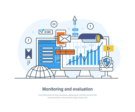 Monitoring and evaluation process, management tools business concept. Systematic, routine data collecting and analyzing, project implementation thin line design of vector doodlesのイラスト素材