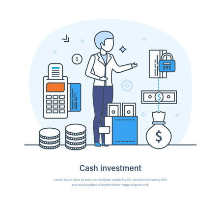 Cash investment security financial services, Investment profit and earning concept. Business financial investments in stock market, future income growth thin line design of vector doodlesのイラスト素材