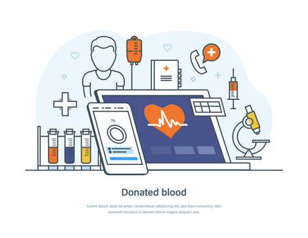 Donated blood, lifesaving and hospital assistance web banner. Blood donation, health care landing page. World Blood Donor Day thin line design of vector doodlesのイラスト素材