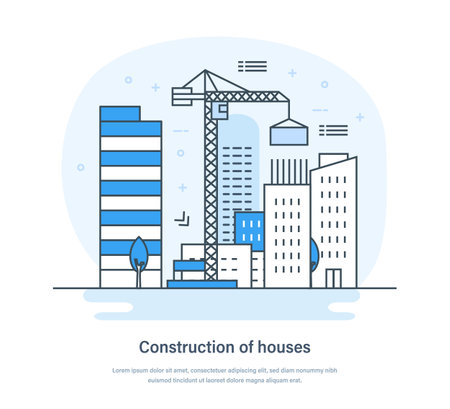 Construction of houses, buildings under construction, architectural service. Real estate, mortgage loan, construction investment in housing and city development thin line design of vector doodlesのイラスト素材