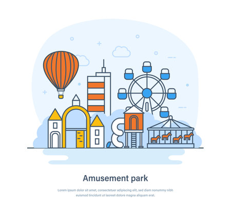 Amusement park, cityscape with entertainment attractions, carnival funfair. Festive park with ferris wheel, , castle, hot air balloon in sky landing page thin line design of vector doodlesのイラスト素材