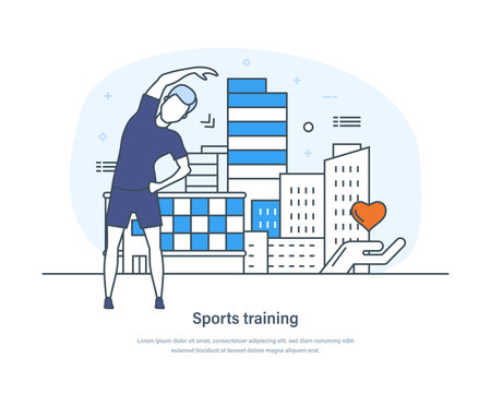 Sports training, energetic young man athlete exercising outdoors. Regular sport, cardio fitness training and outdoor activities. Healthy lifestyle horizontal banner thin line design of vector doodlesのイラスト素材