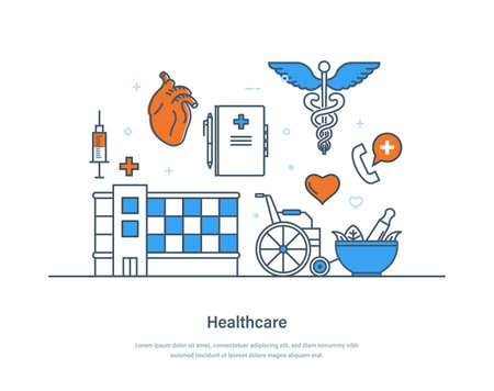 Healthcare, emergency, medical care, consultation, diagnosis and treatment. Health insurance, innovation medicine, medical service, pharmacy, science and research thin line design of vector doodlesのイラスト素材