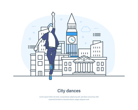 City dances, man dancing on city street outdoors. Happy people enjoying summer time, dancer performing at open air concert, outdoor party, music and dance festival thin line design of vector doodlesのイラスト素材