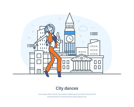 City dances, girl dancing on city street outdoors. Happy people enjoying summer time, dancer performing at open air concert, outdoor party, music and dance festival thin line design of vector doodlesのイラスト素材