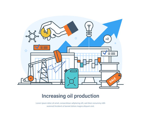 Increasing oil production, petrol refinery and prices rise. Rising price of gas, oil and gasoline graphs. Increasing cost per barrel, energy resources concept thin line design of vector doodlesのイラスト素材