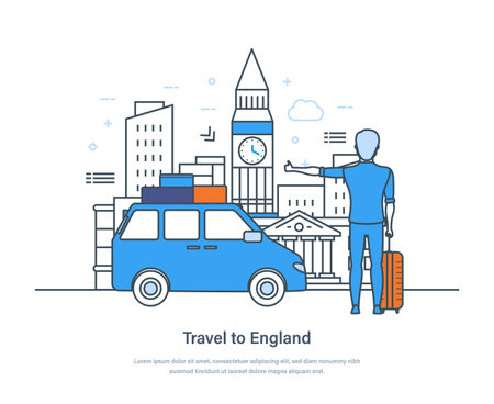 Travel to England, cityscape with famous architectural UK landmarks. Great Britain tourist attractions sightseeing tour, Welcome to Britain, tourism and vacation thin line design of vector doodlesのイラスト素材