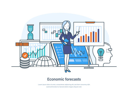 Economic forecasts, market research, financial analysis and investment. Specialist advising on financial issues. Economic strategy direction planning, forecasting thin line design of vector doodlesのイラスト素材