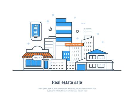 Real estate sale service, property investment, house loan. Property for sale, rent and mortgage. Residential property market, money investment to real estate thin line design of vector doodlesのイラスト素材