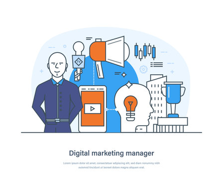 Digital marketing manager, specialist working on content strategy, analyzing data. Web analytics, email marketing, social media planning, management, analysis thin line design of vector doodlesのイラスト素材