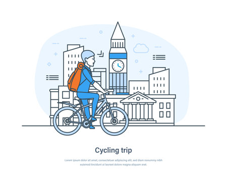 Cycling trip, public bike urban transportation, eco friendly transport. Bicycle rental for citizens, tourists, city visitors. Active leisure, tourism, rent service thin line design of vector doodlesのイラスト素材