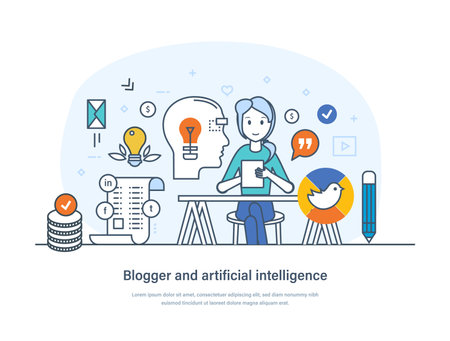 Blogger and artificial intelligence innovative technology for content strategy development. AI-empowered tools to create content. Cooperation and interaction thin line design of vector doodlesのイラスト素材