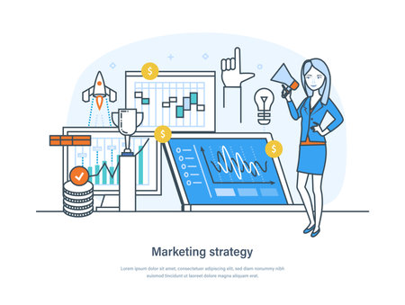Marketing strategy, market trends analyzing and seo optimization planning. Business analysis, digital marketing strategy, technologies, management, investment thin line design of vector doodlesのイラスト素材