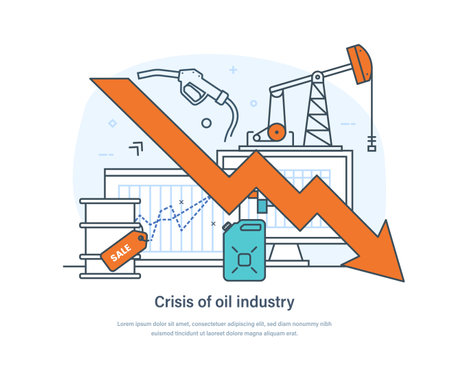 Crisis of oil and economy industry, oil price decreasing. Red arrow showing decline and going to negative value, petroleum market crisis, world economic recession thin line design of vector doodlesのイラスト素材
