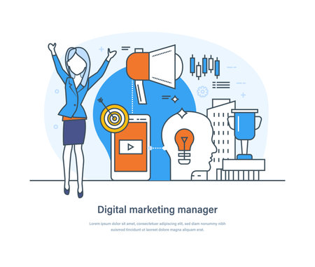 Digital marketing manager, specialist working on content strategy, analyzing data. Web analytics, email marketing, social media planning, management, analysis thin line design of vector doodlesのイラスト素材