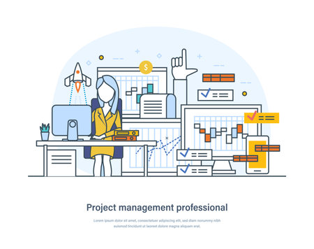 Project management professional, business communication, workflow planning and organizing. Successful strategy, teamwork, motivation, leadership and development thin line design of vector doodlesのイラスト素材