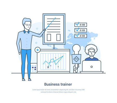 Business trainer, coach speaking before audience presenting chart or report. Training, course, seminar or conference. Business advise or consultation service thin line design of vector doodlesのイラスト素材