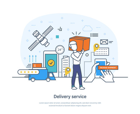 Courier delivering parcel box to customer at home and office. Online delivery service, city logistics concept. Online order, e-commerce thin line design of vector doodlesのイラスト素材