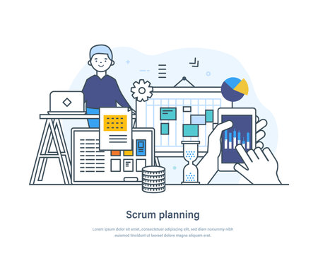 Scrum planning process agile development, task sprint teamwork methodology, project management work cycle. Establishing project goals, stakeholders, and requirements thin line design of vector doodlesのイラスト素材